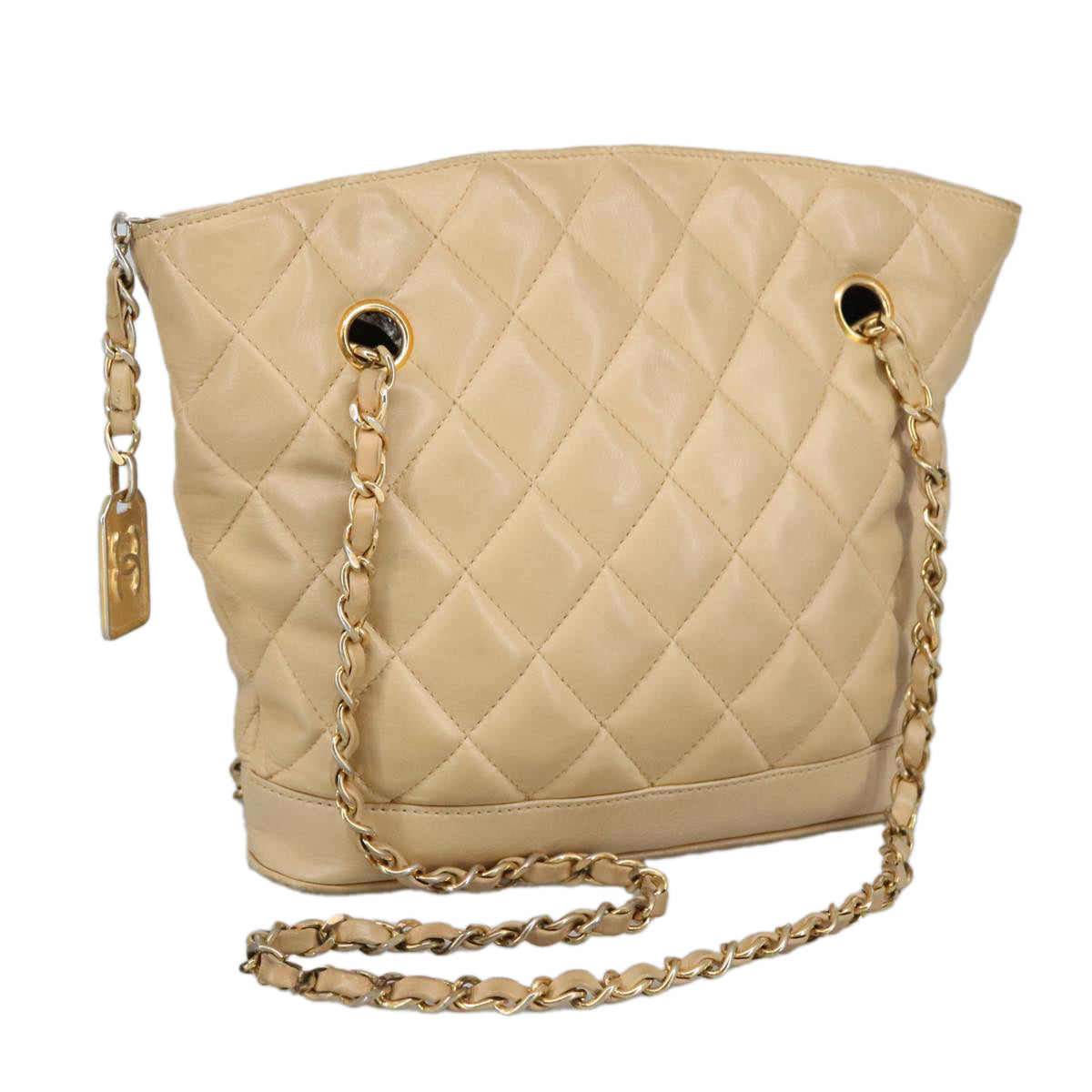 CHANEL Matelasse Chain Shoulder Bag Leather Beige CC Auth yb718