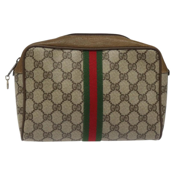GUCCI GG Supreme Web Sherry Line Clutch Bag PVC Beige Green 01 012 53 Auth yb748