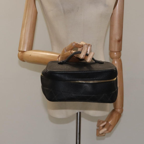 CHANEL Bicolore Vanity Hand Bag Caviar Skin Black CC Auth yb789