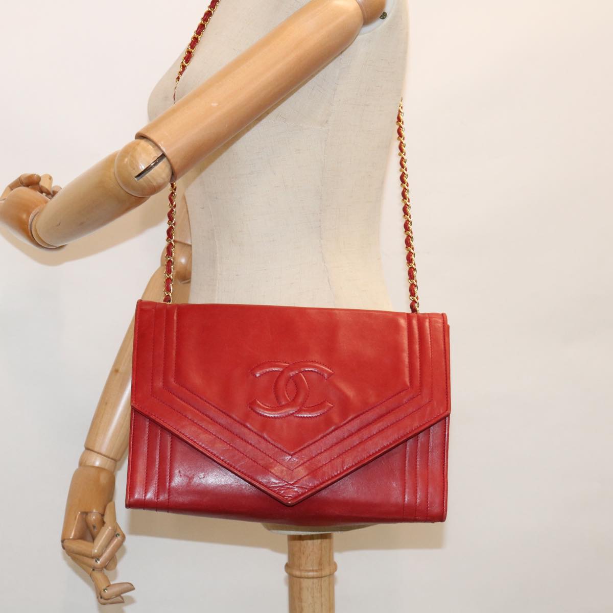 CHANEL COCO Mark Chain Shoulder Bag Lamb Skin Red CC Auth yk10052