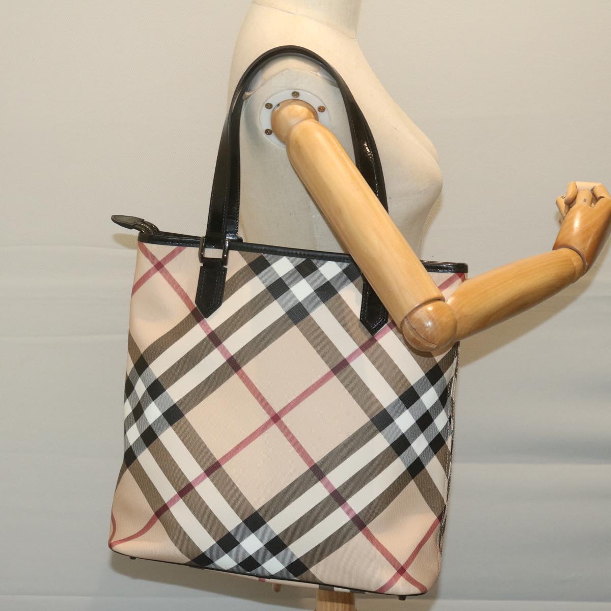 BURBERRY Nova Check Tote Bag Coated Canvas Beige Auth yk10177