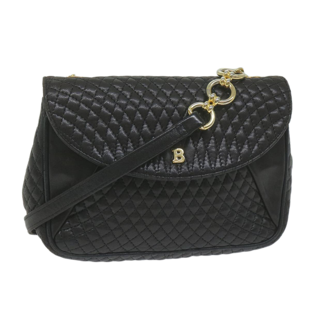 BALLY Quilted Shoulder Bag Leather Black Auth yk10257