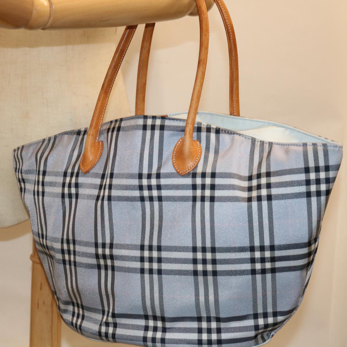 BURBERRY Nova Check Hand Bag Nylon Blue Brown Auth yk10262