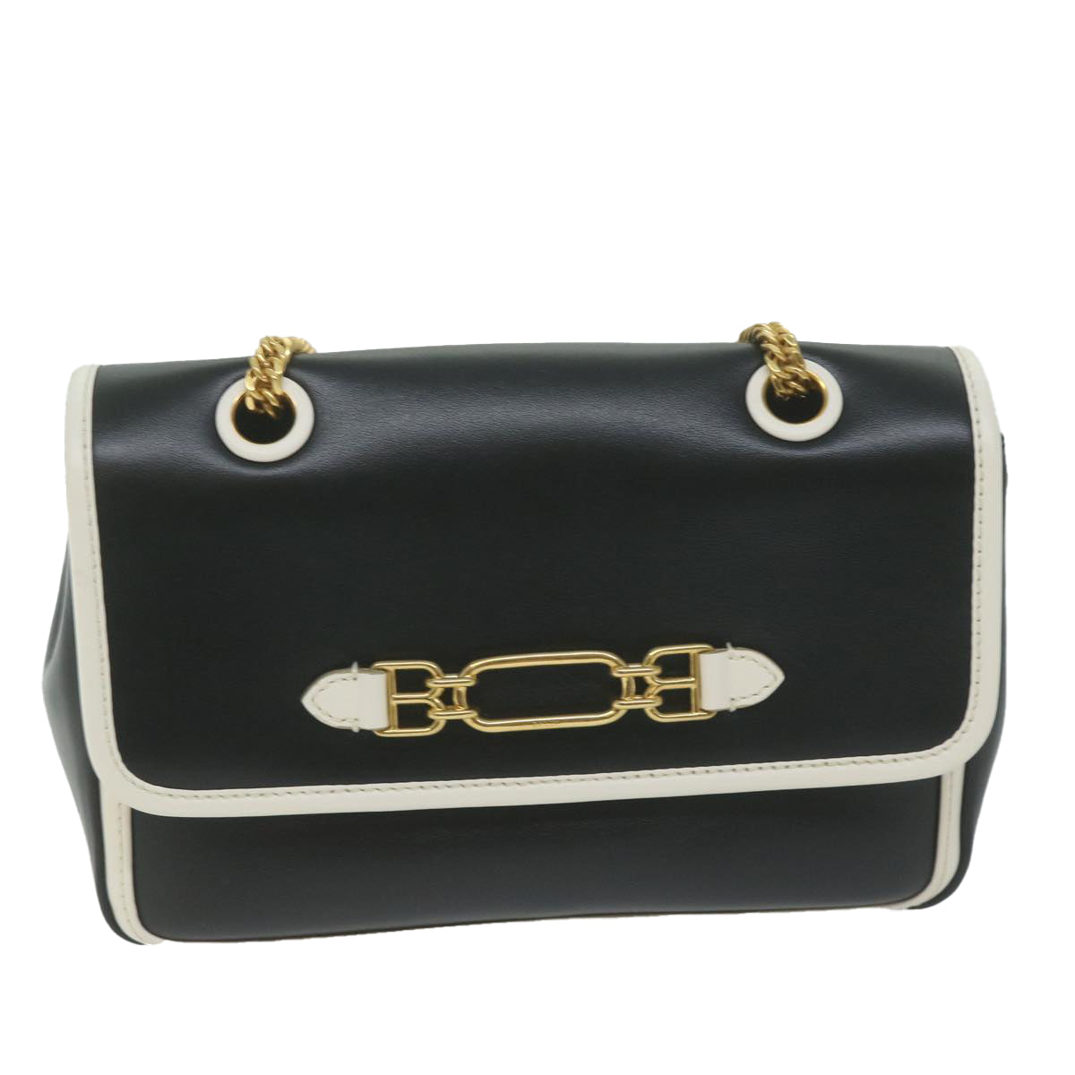 BALLY Chain Shoulder Bag Leather Black White Auth yk10275