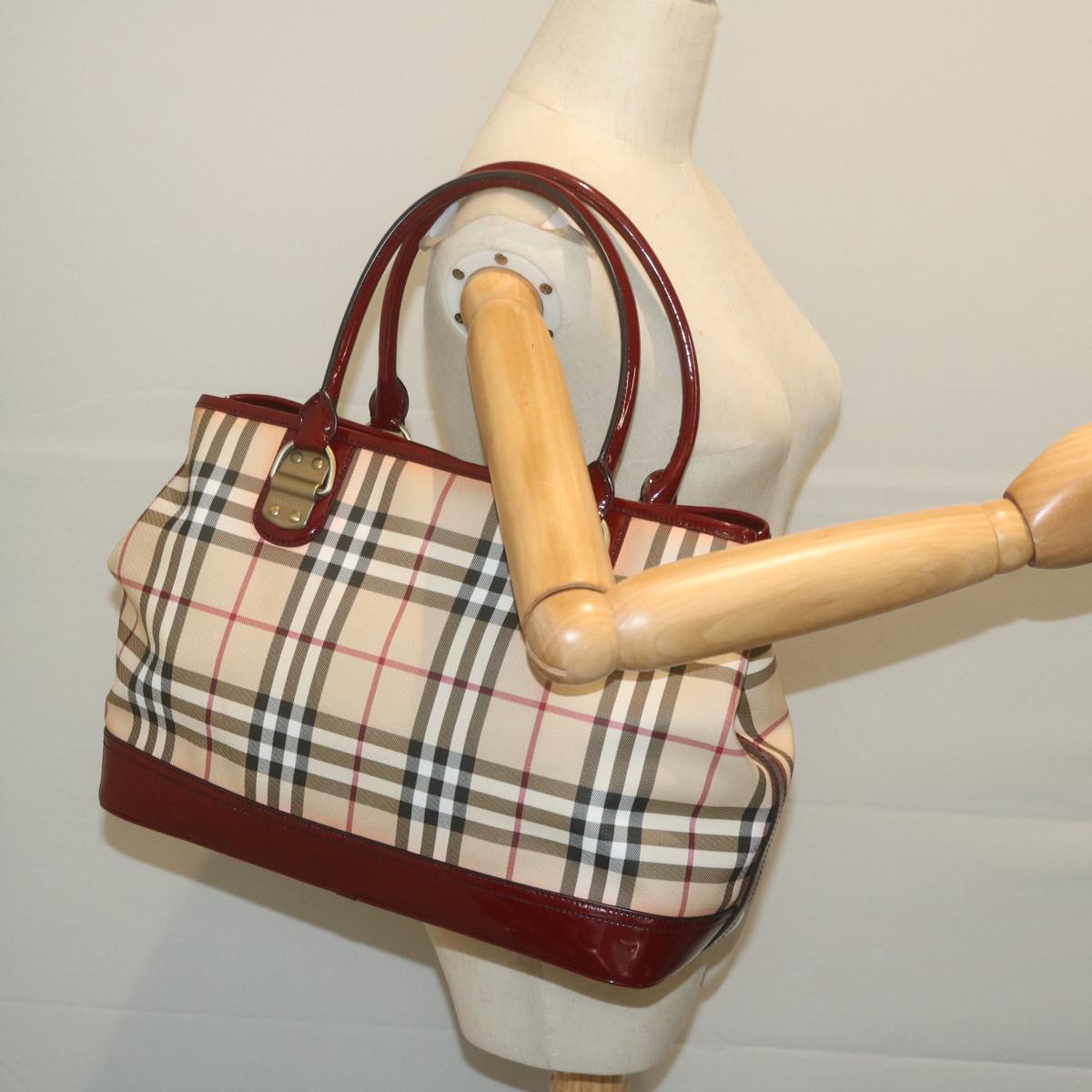 BURBERRY Nova Check Tote Bag Coated Canvas Beige Auth yk10308