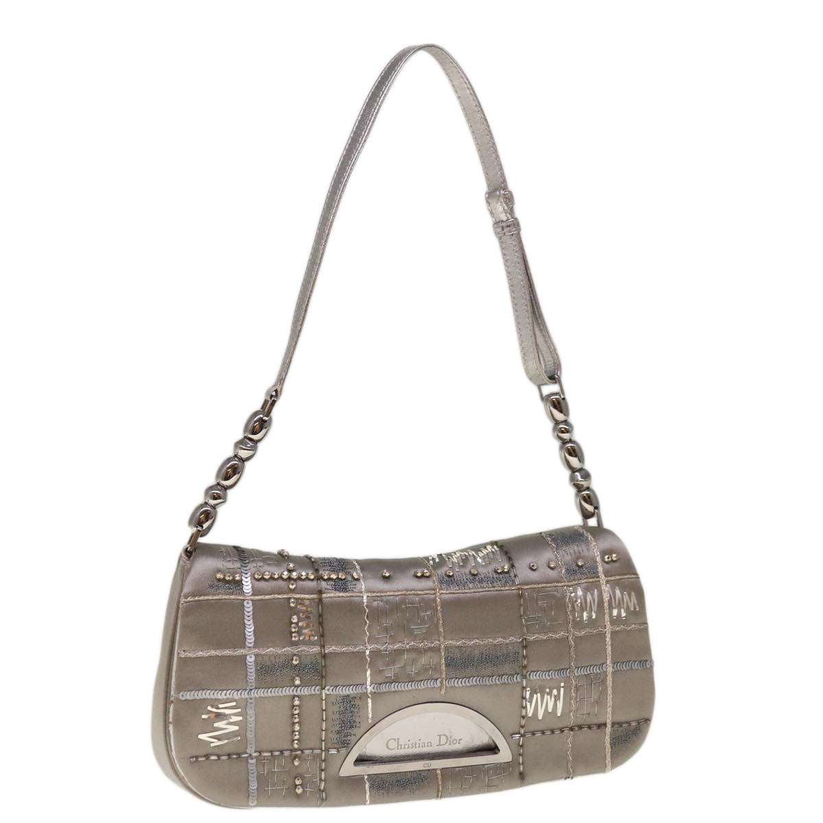 Christian Dior Maris Pearl Shoulder Bag Satin Silver Auth yk10322