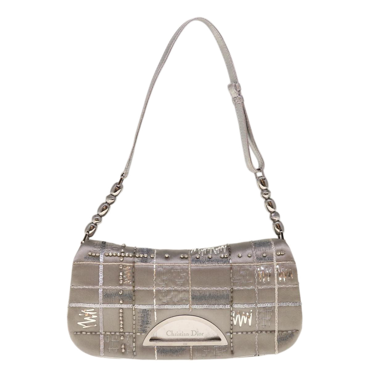 Christian Dior Maris Pearl Shoulder Bag Satin Silver Auth yk10322