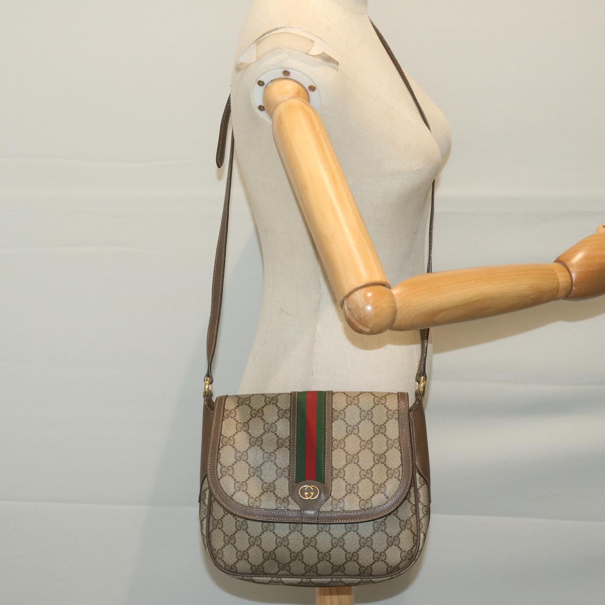 GUCCI GG Supreme Web Sherry Line Shoulder Bag Beige 001 115 0914 Auth yk10382