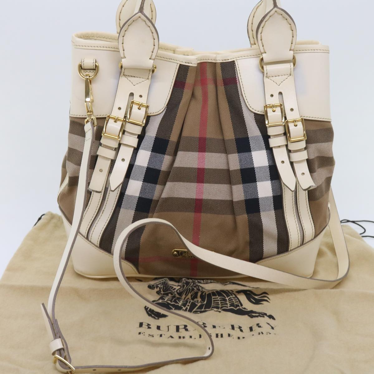 BURBERRY Nova Check Hand Bag Canvas 2way Beige Auth yk10406