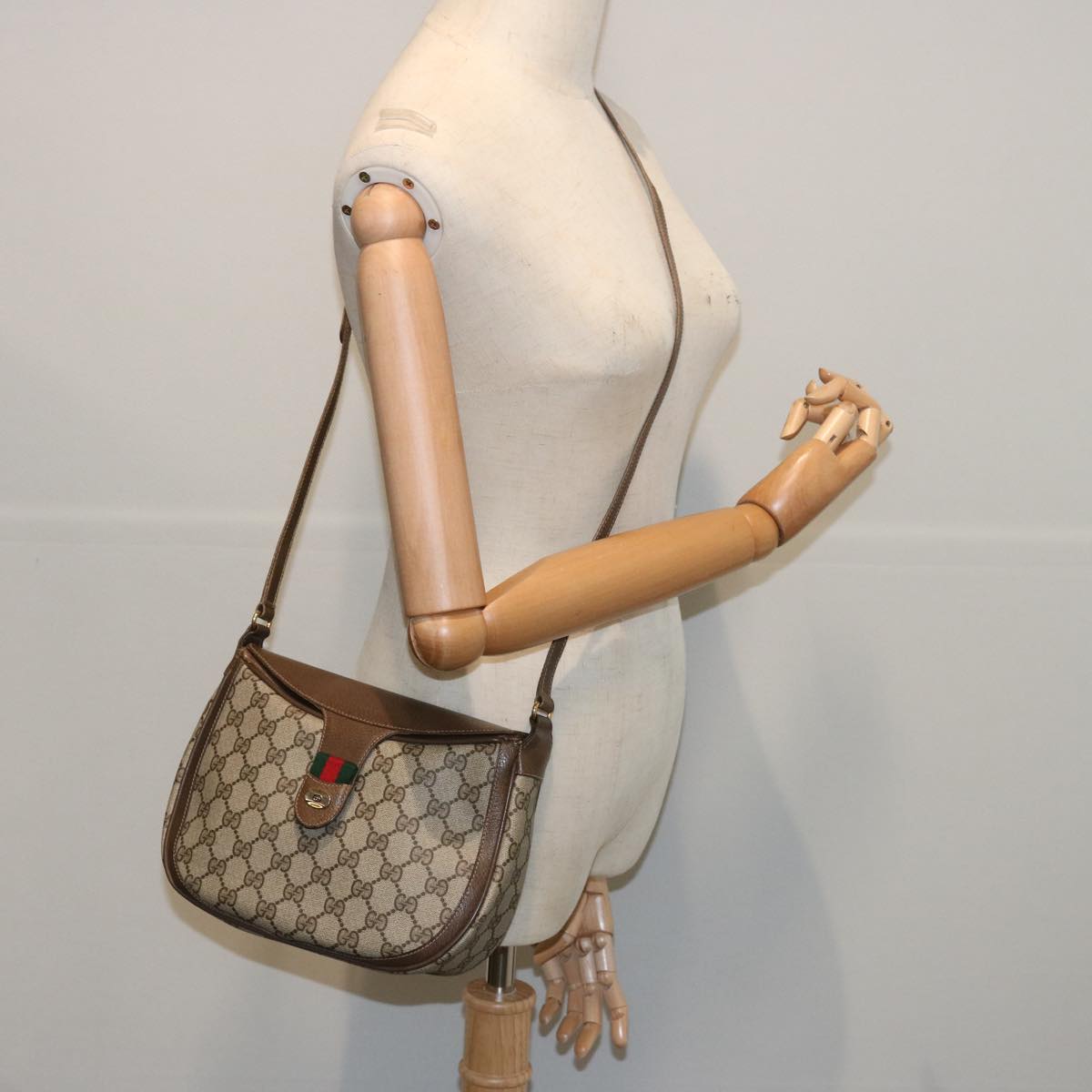 GUCCI GG Supreme Web Sherry Line Shoulder Bag Beige Green 10 02 056 Auth yk10432