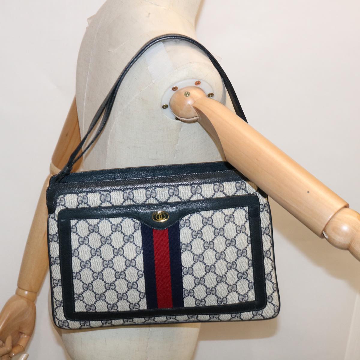 GUCCI GG Supreme Sherry Line Shoulder Bag PVC Red Navy 41 02 013 Auth yk10438