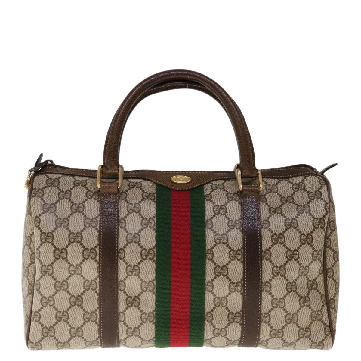 GUCCI GG Canvas Web Sherry Line Boston Bag PVC Beige Green Red Auth yk10463