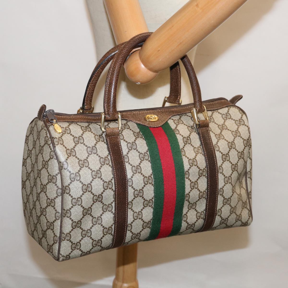 GUCCI GG Canvas Web Sherry Line Boston Bag PVC Beige Green Red Auth yk10463