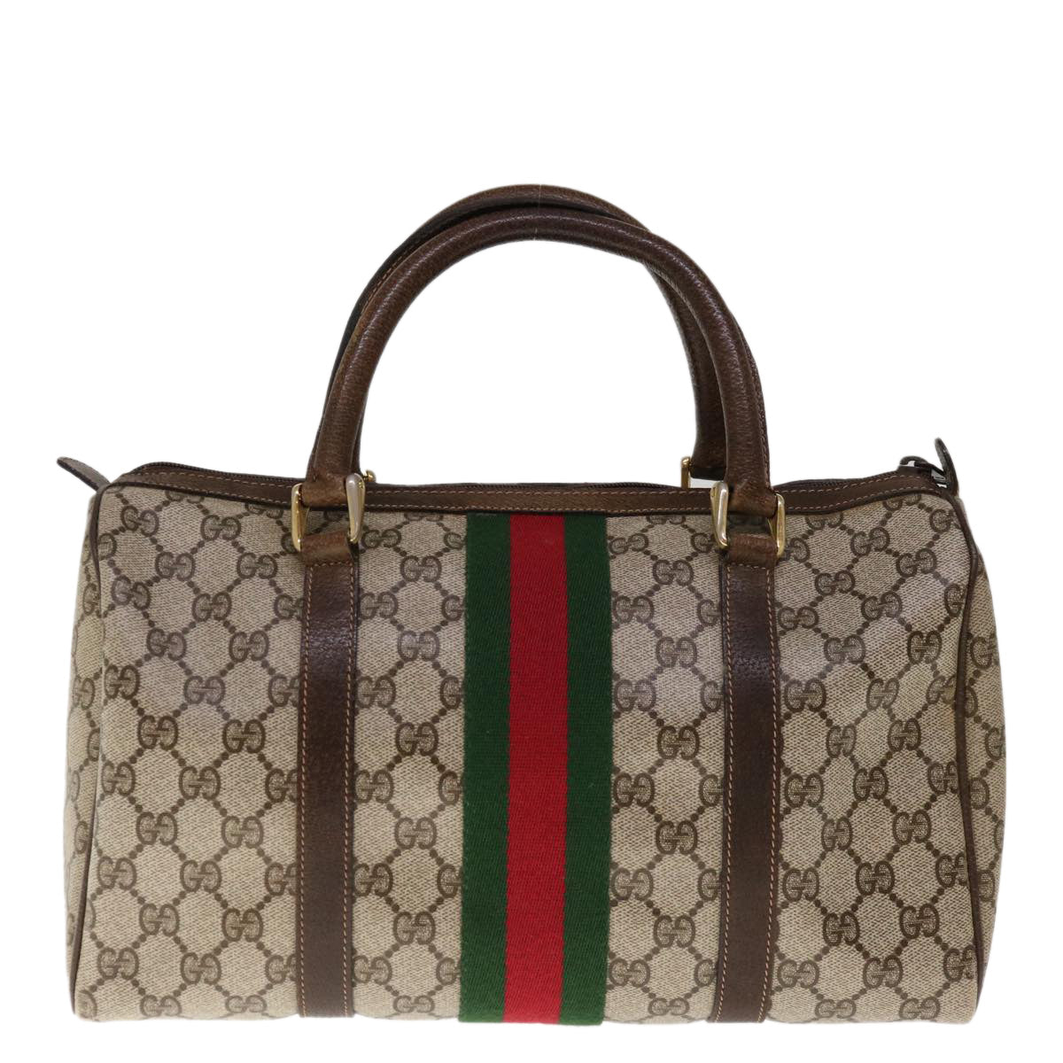 GUCCI GG Canvas Web Sherry Line Boston Bag PVC Beige Green Red Auth yk10463 - 0