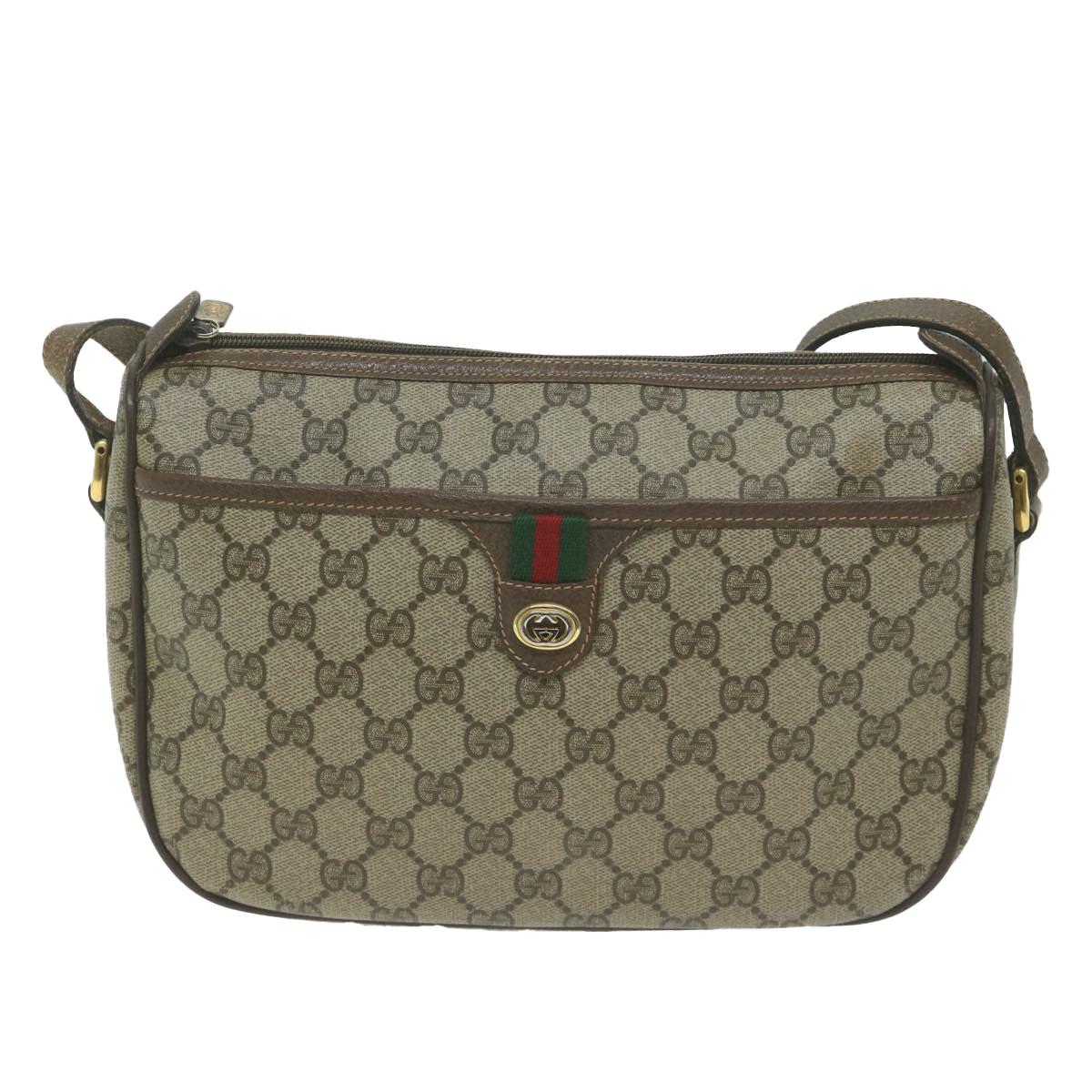 GUCCI GG Canvas Web Sherry Line Shoulder Bag PVC Beige Green Red Auth yk10468