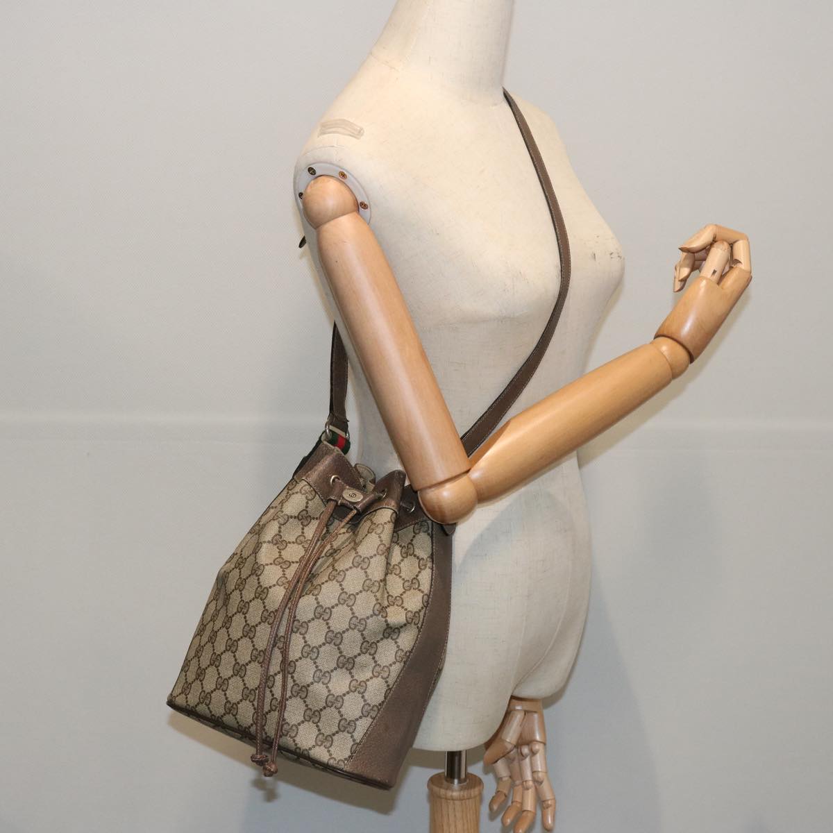 GUCCI GG Supreme Web Sherry Line Shoulder Bag Beige Green 41 02 034 Auth yk10500