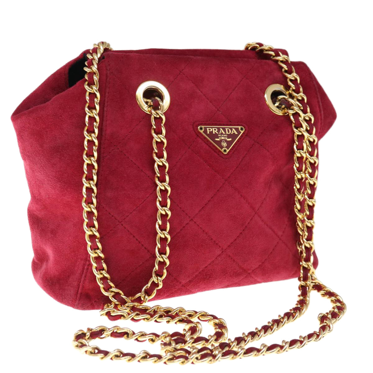 PRADA Quilted Chain Shoulder Bag Suede Red Auth yk10504