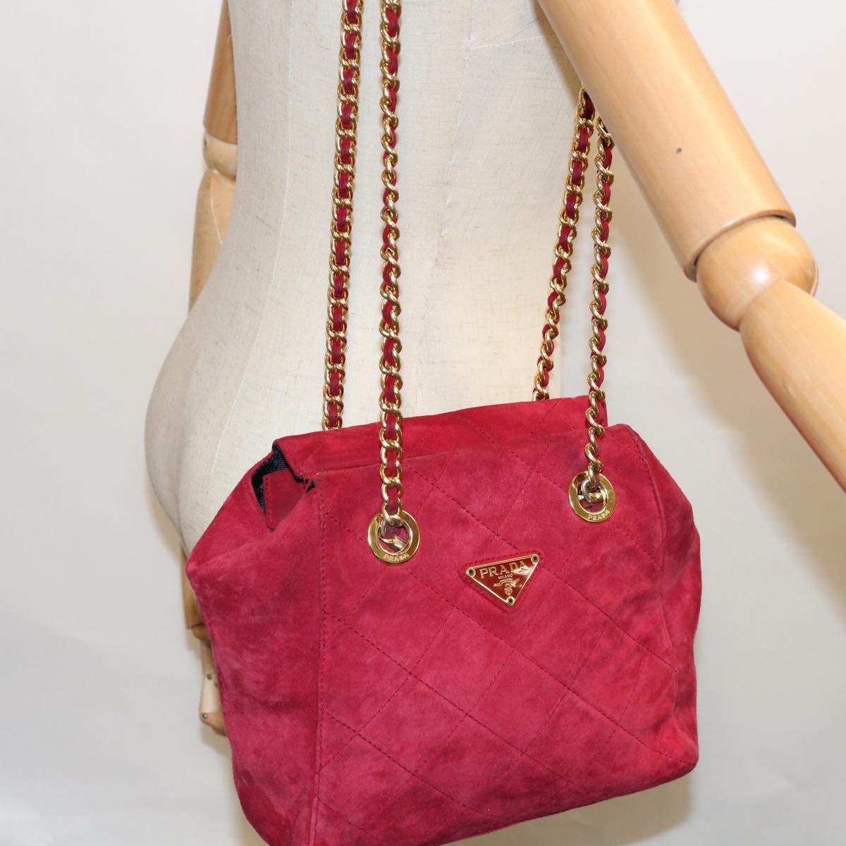 PRADA Quilted Chain Shoulder Bag Suede Red Auth yk10504