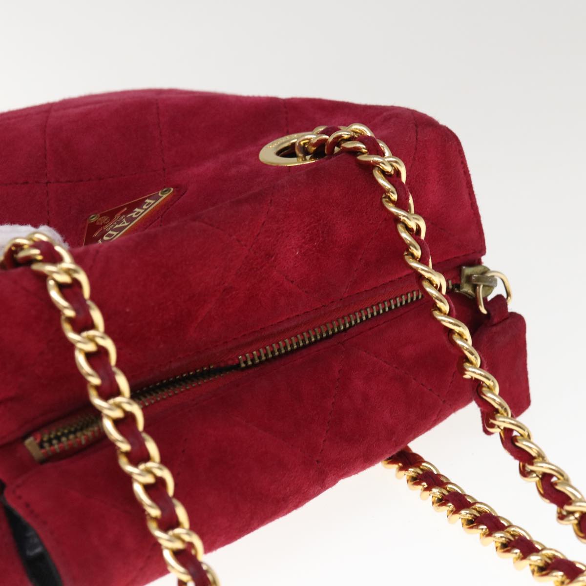 PRADA Quilted Chain Shoulder Bag Suede Red Auth yk10504