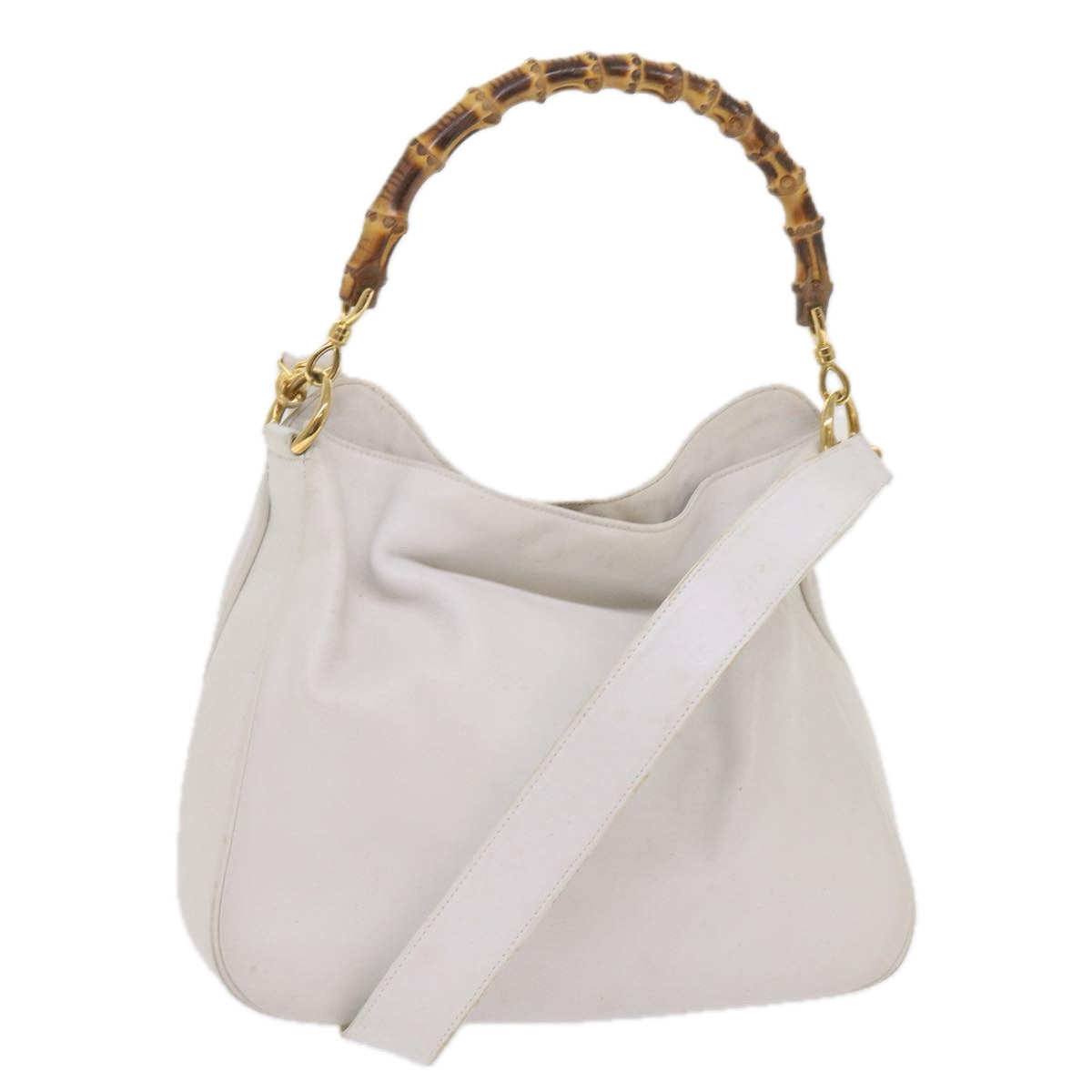 GUCCI Bamboo Shoulder Bag Leather 2way White Auth yk10515