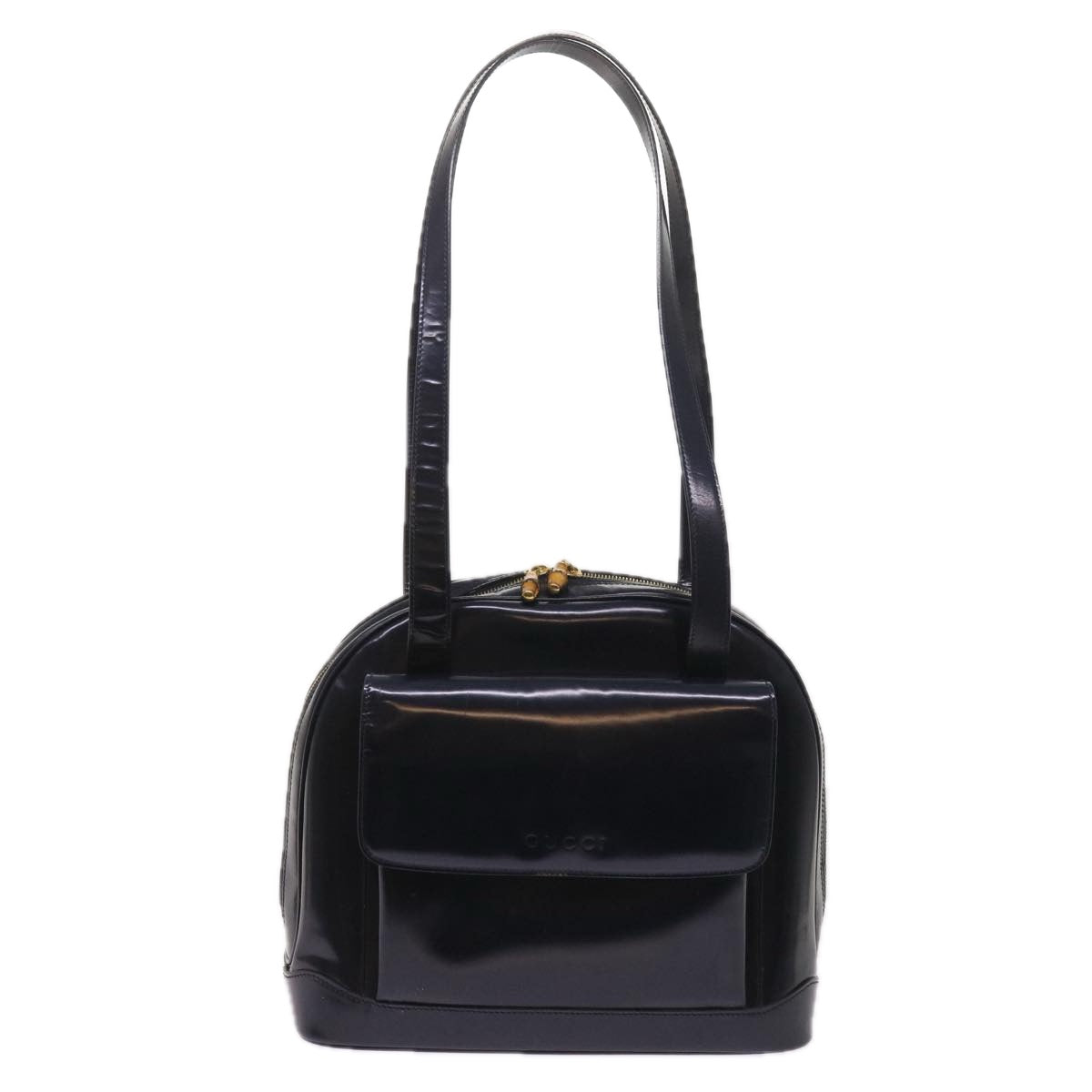 GUCCI Bamboo Shoulder Bag Patent Leather Navy Auth yk10523