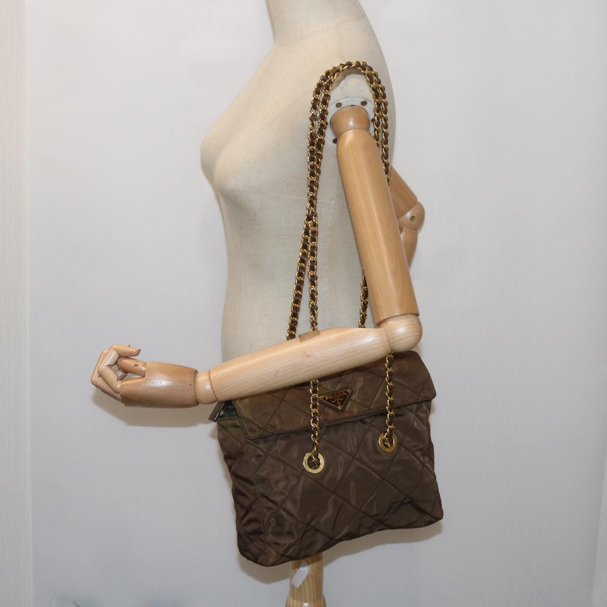 PRADA Quilted Chain Shoulder Bag Nylon Brown Auth yk10527