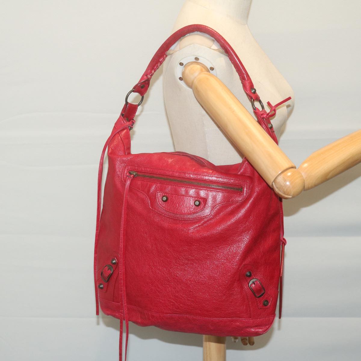 BALENCIAGA The Day Shoulder Bag Leather Red Auth yk10573