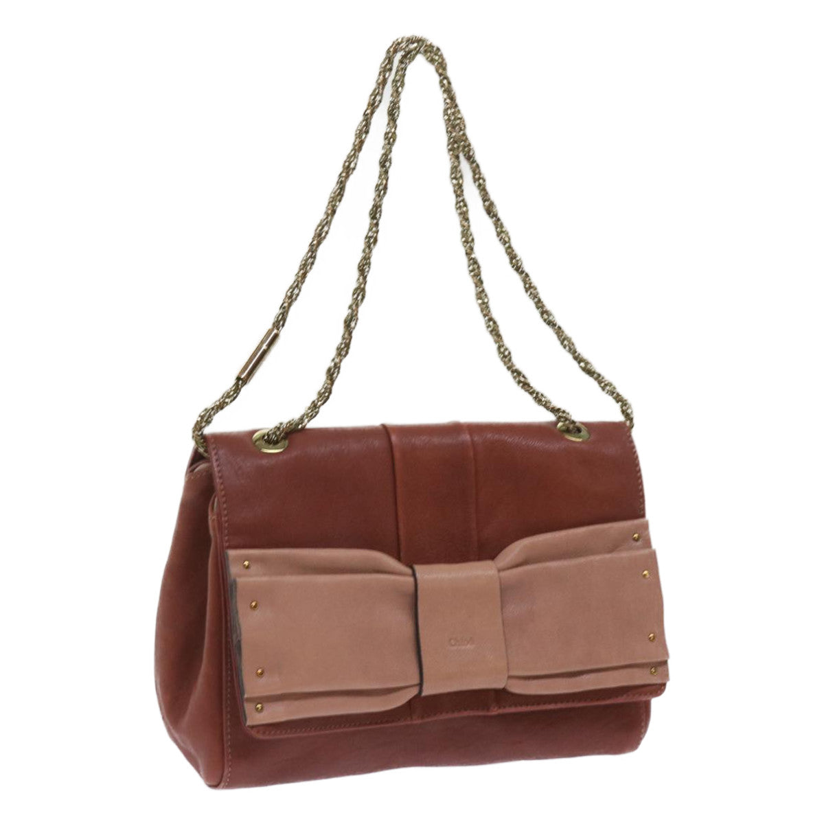 Chloe Ribbon Chain Shoulder Bag Leather Brown Auth yk10580