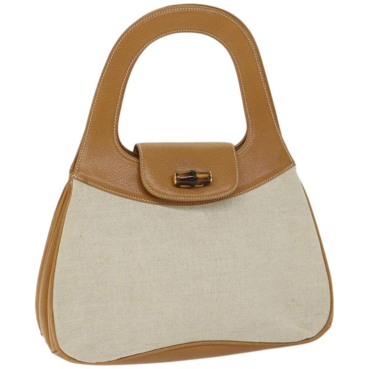 GUCCI Bamboo Turn Lock Shoulder Bag Canvas Leather Beige 000 113 Auth yk10670