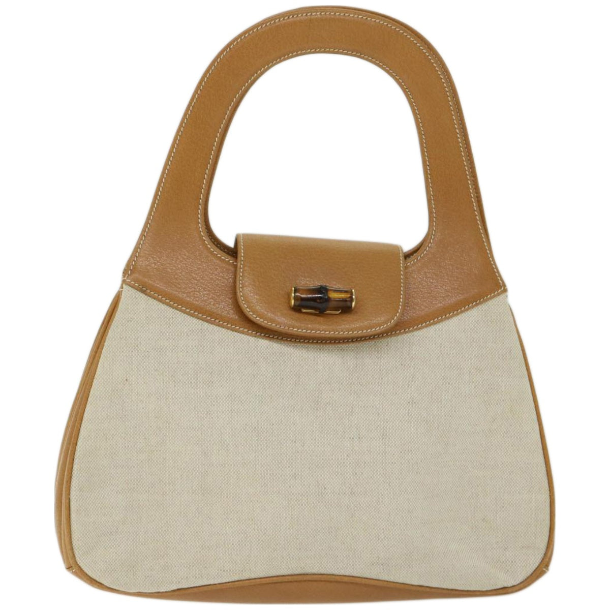 GUCCI Bamboo Turn Lock Shoulder Bag Canvas Leather Beige 000 113 Auth yk10670