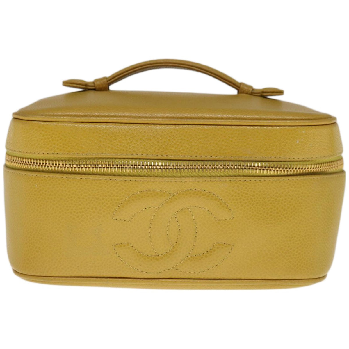 CHANEL Vanity Cosmetic Pouch Caviar Skin Yellow CC Auth yk10682 - 0