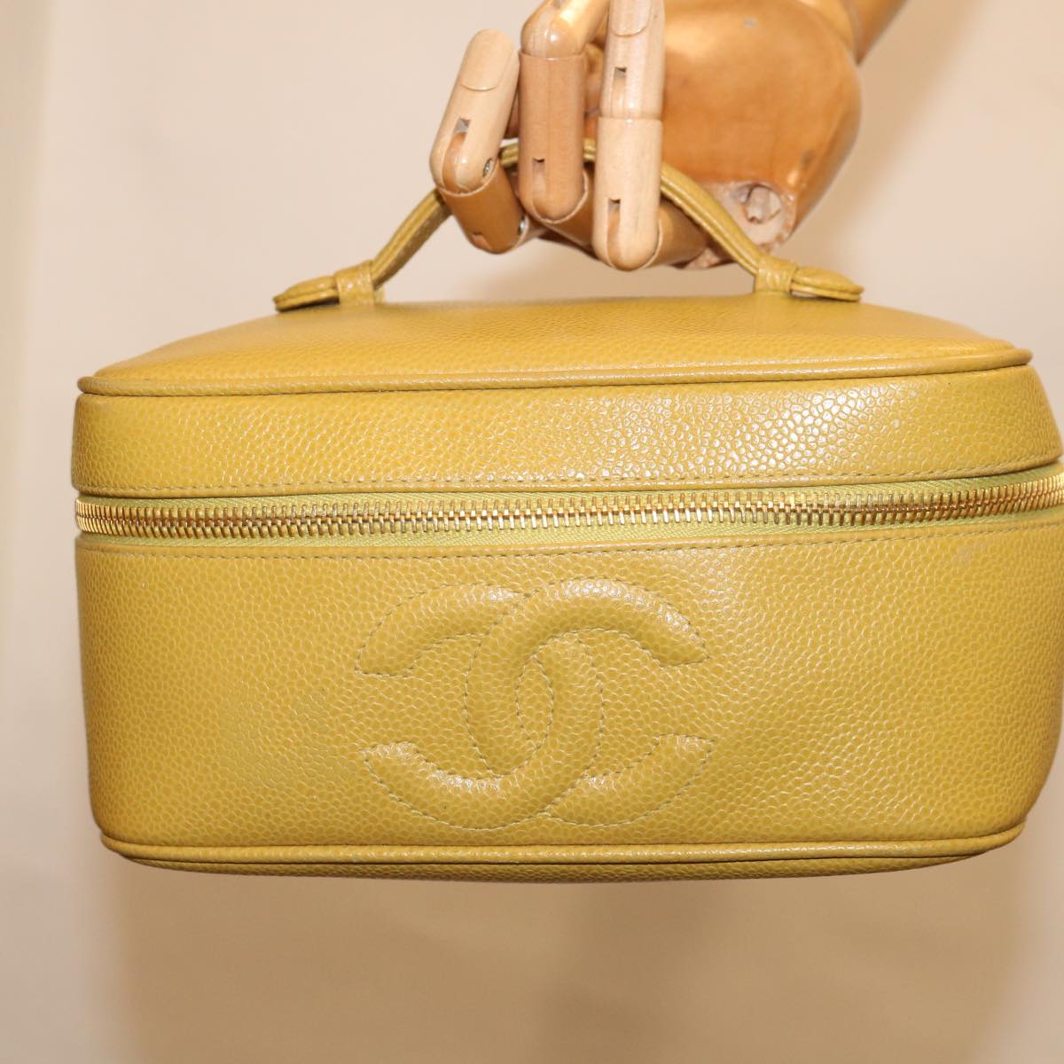 CHANEL Vanity Cosmetic Pouch Caviar Skin Yellow CC Auth yk10682