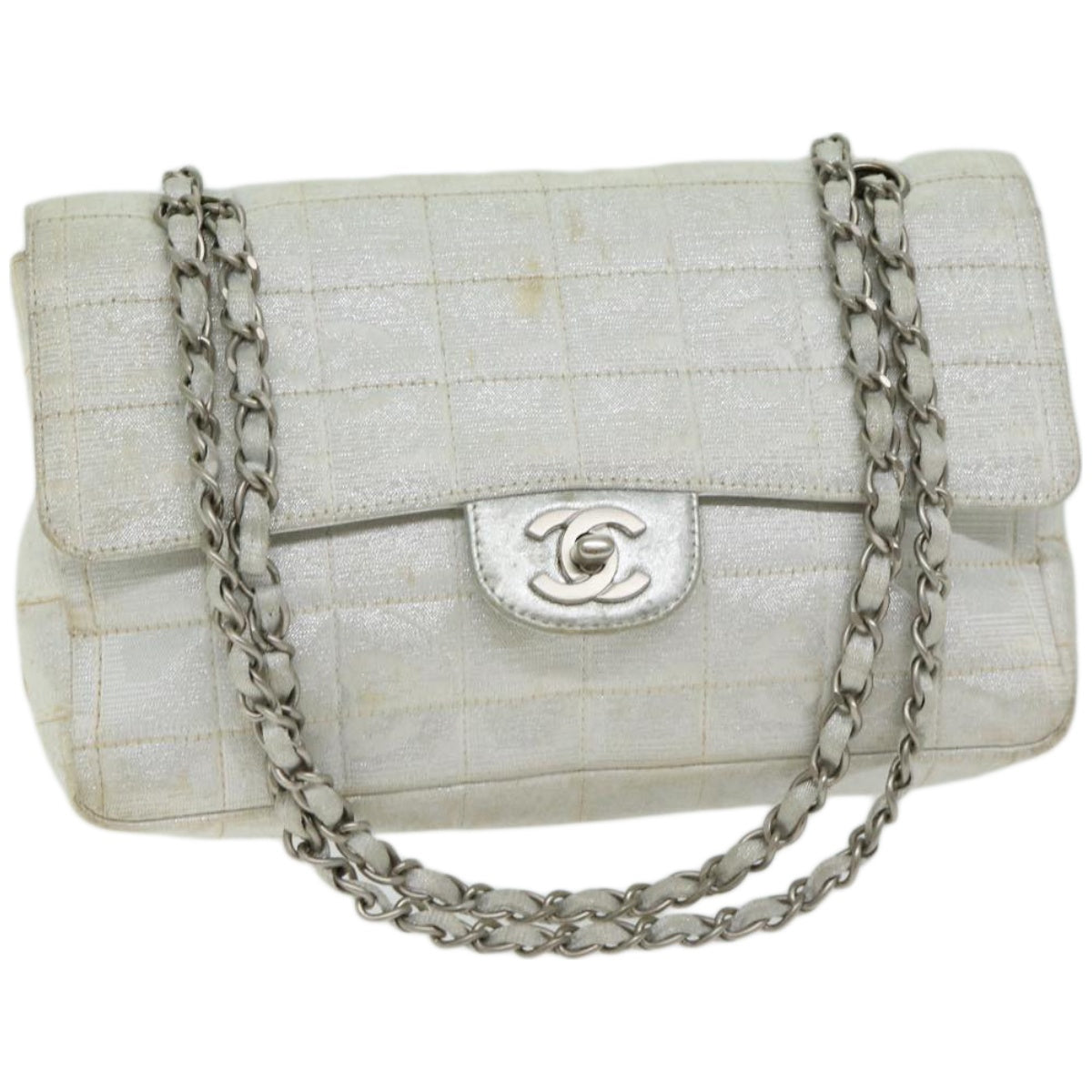 CHANEL Choco Bar Travel Line Turn Lock Chain Bag Canvas Silver CC Auth yk10688