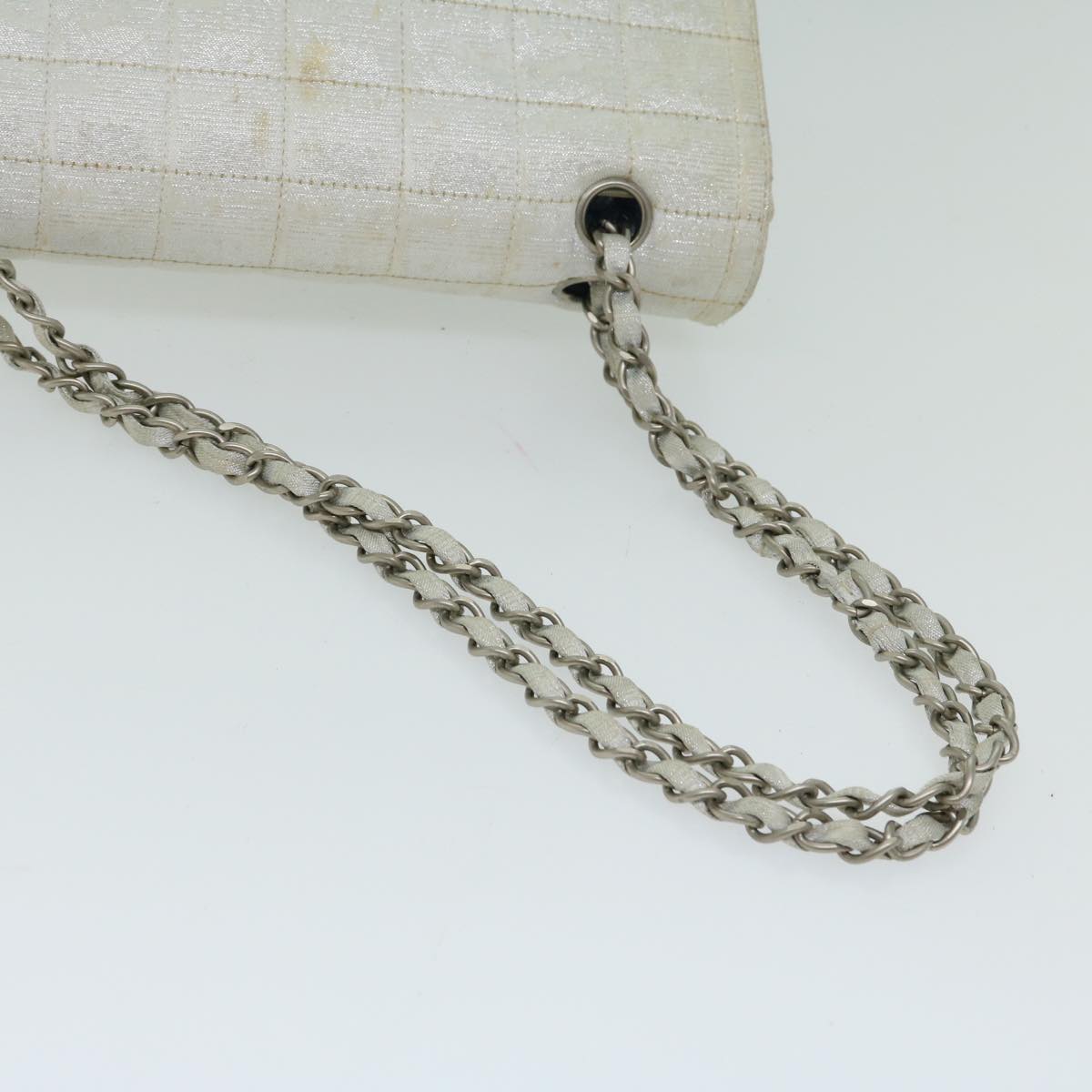 CHANEL Choco Bar Travel Line Turn Lock Chain Bag Canvas Silver CC Auth yk10688