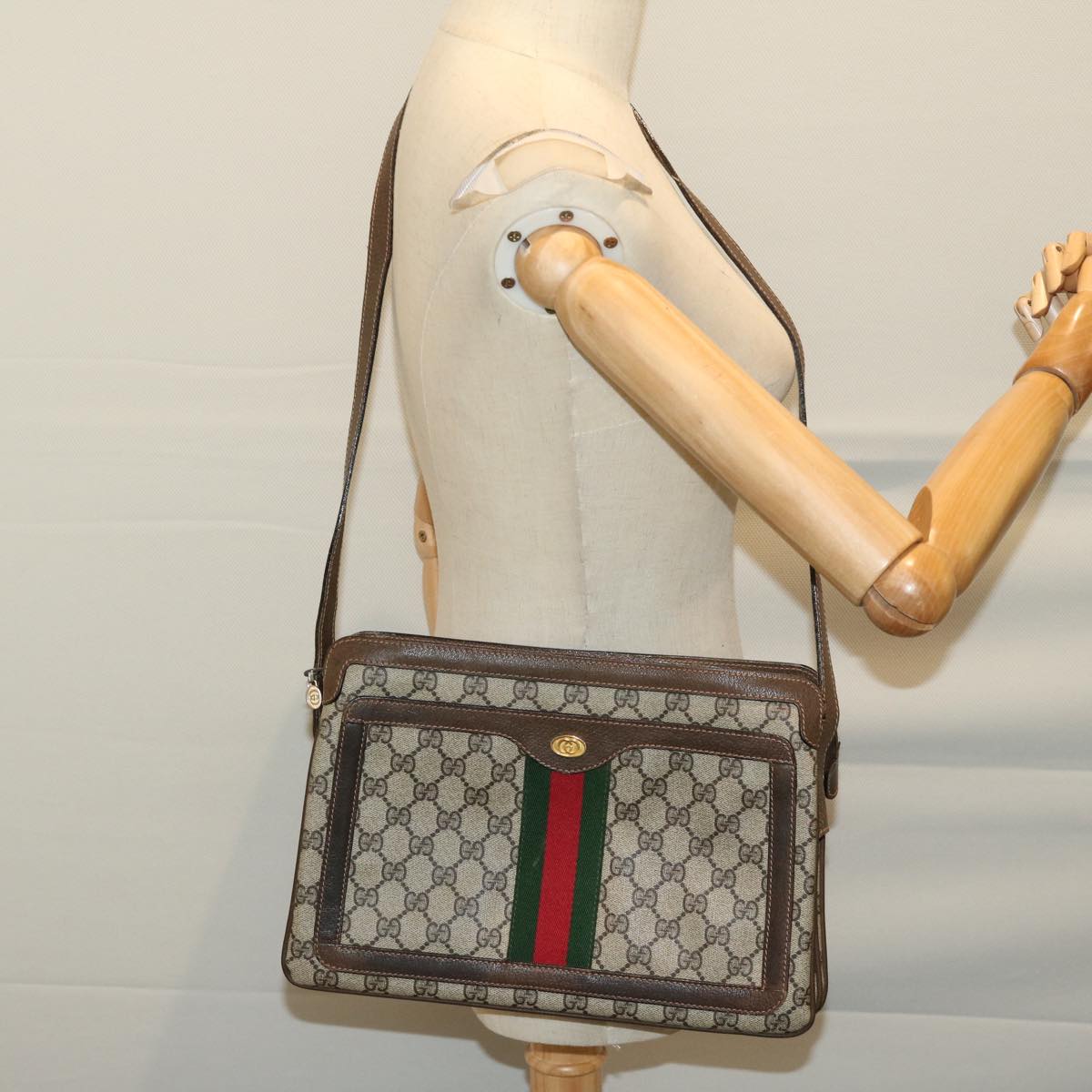 GUCCI GG Supreme Web Sherry Line Shoulder Bag PVC Beige 378 001 Auth yk10712