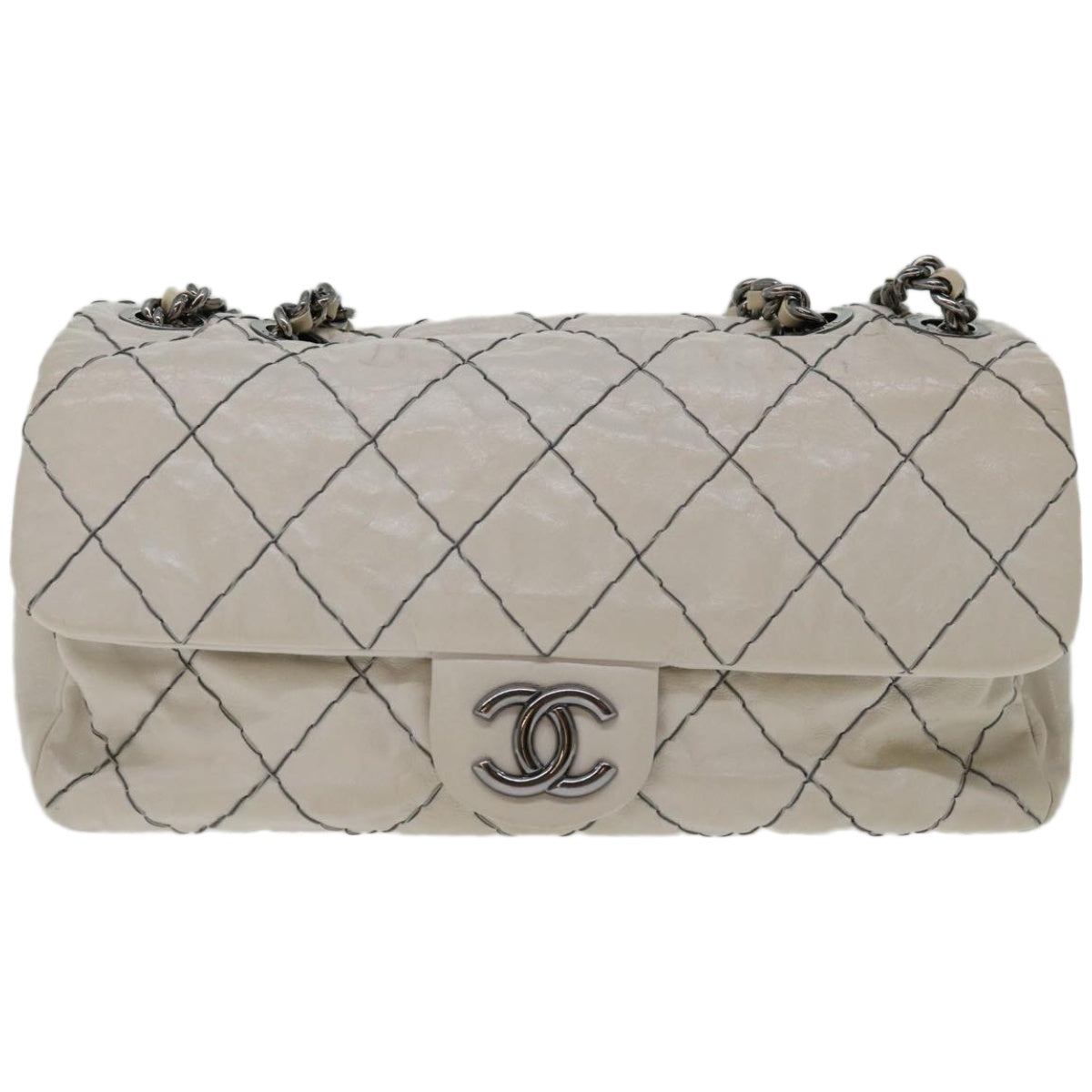 CHANEL Matelasse Chain Shoulder Bag Leather White CC Auth yk10764 - 0
