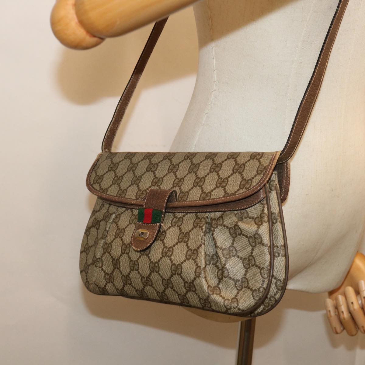 GUCCI GG Canvas Web Sherry Line Shoulder Bag PVC Beige Auth yk10844