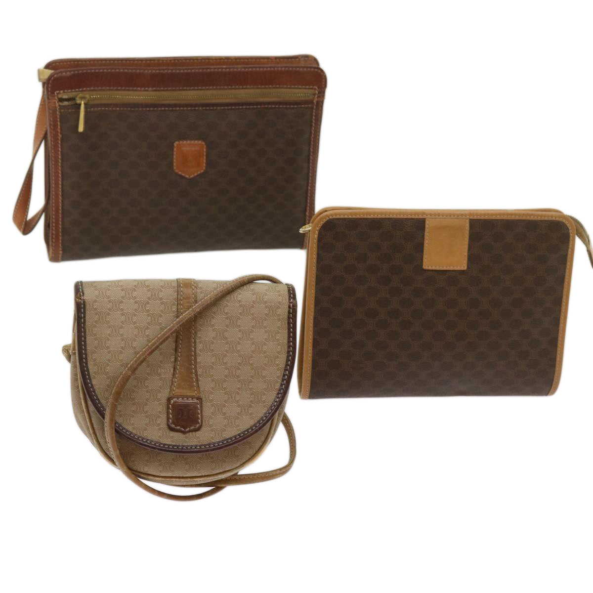 CELINE Macadam Canvas Clutch Bag Shoulder Bag PVC 3Set Brown Beige Auth yk10921