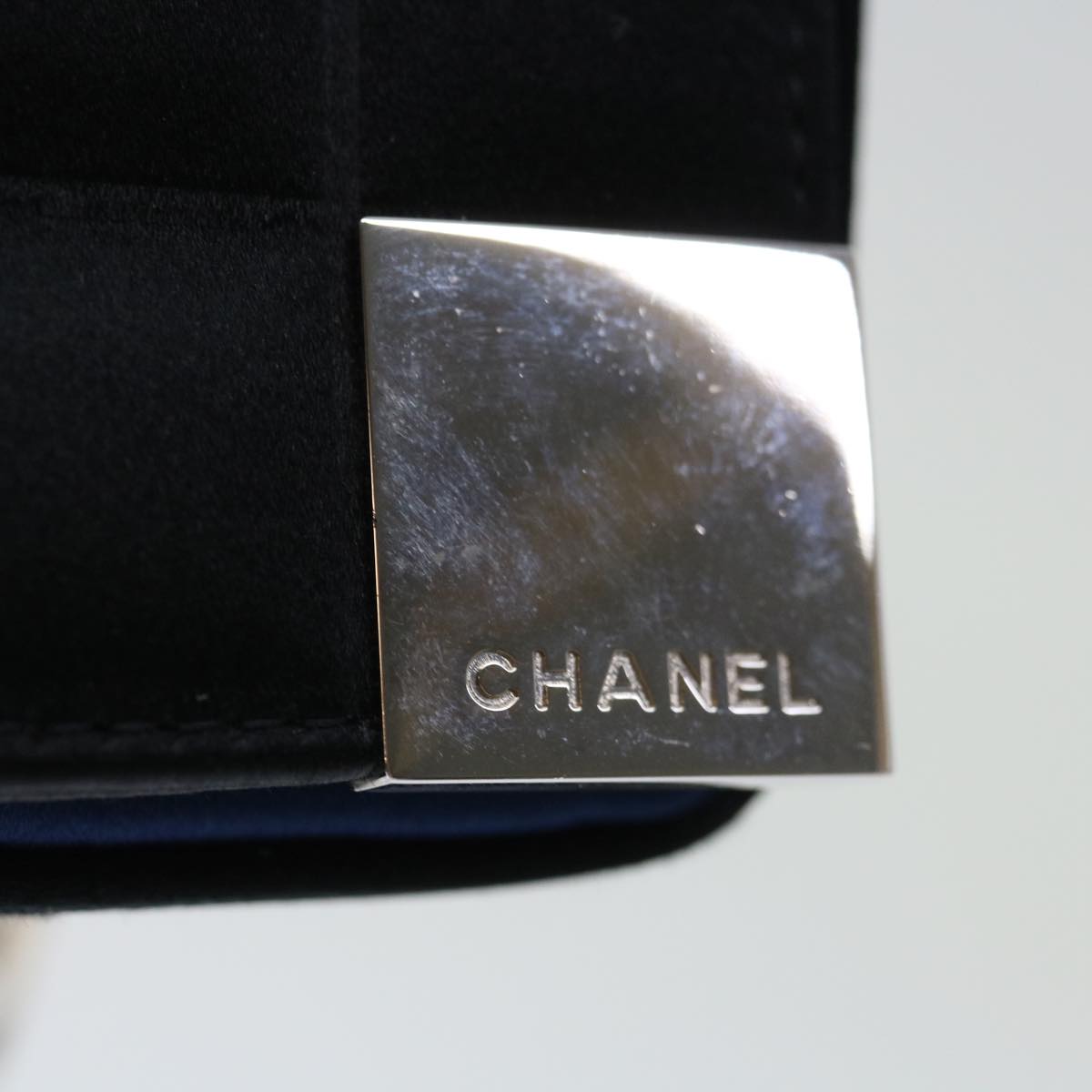 CHANEL Choco Bar Chain Shoulder Bag Satin Navy CC Auth yk10942