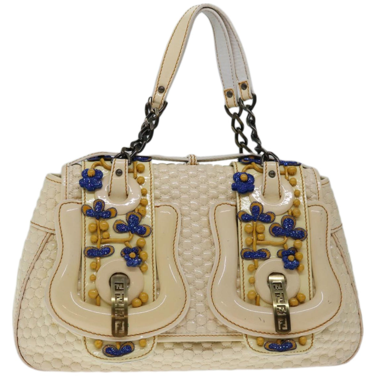 FENDI Chain Hand Bag Patent leather Beige Auth yk10972