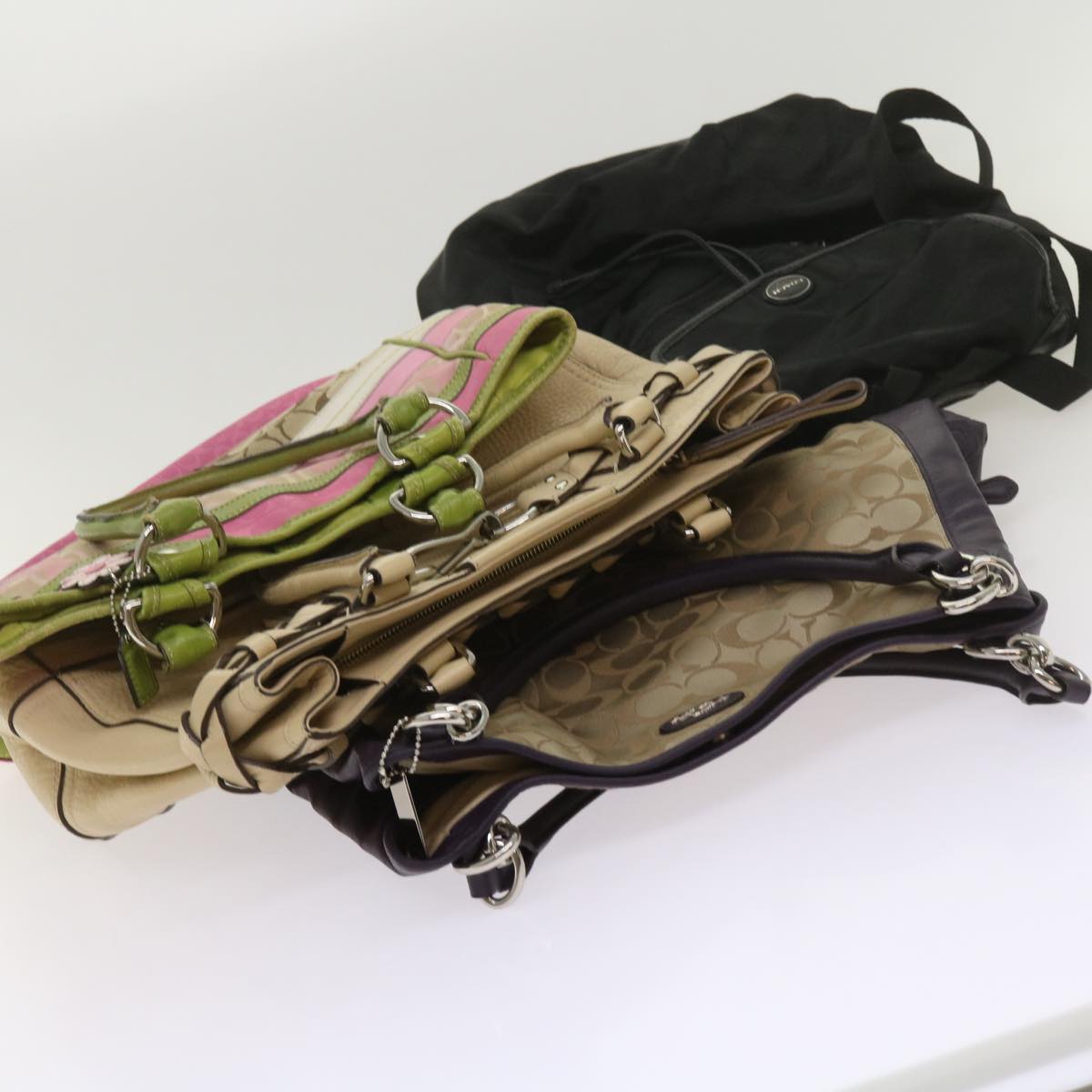 Coach Signature Backpack Shoulder Bag Canvas nylon 4Set Beige Black Auth yk11148