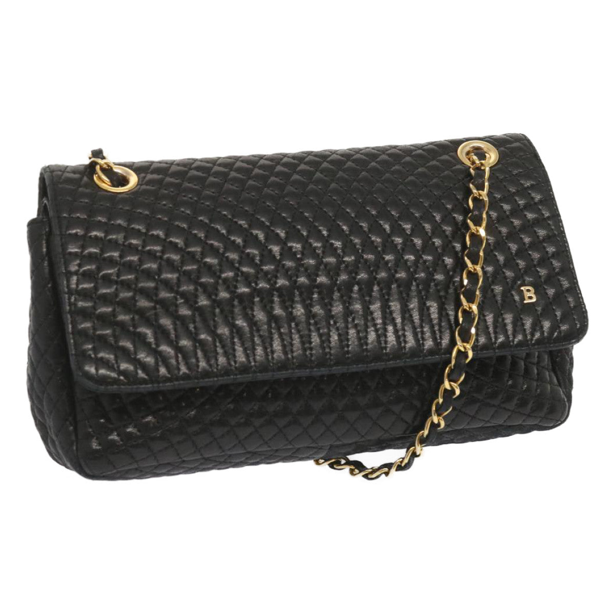 BALLY Quilted Chain Shoulder Bag Leather Black Auth yk11197
