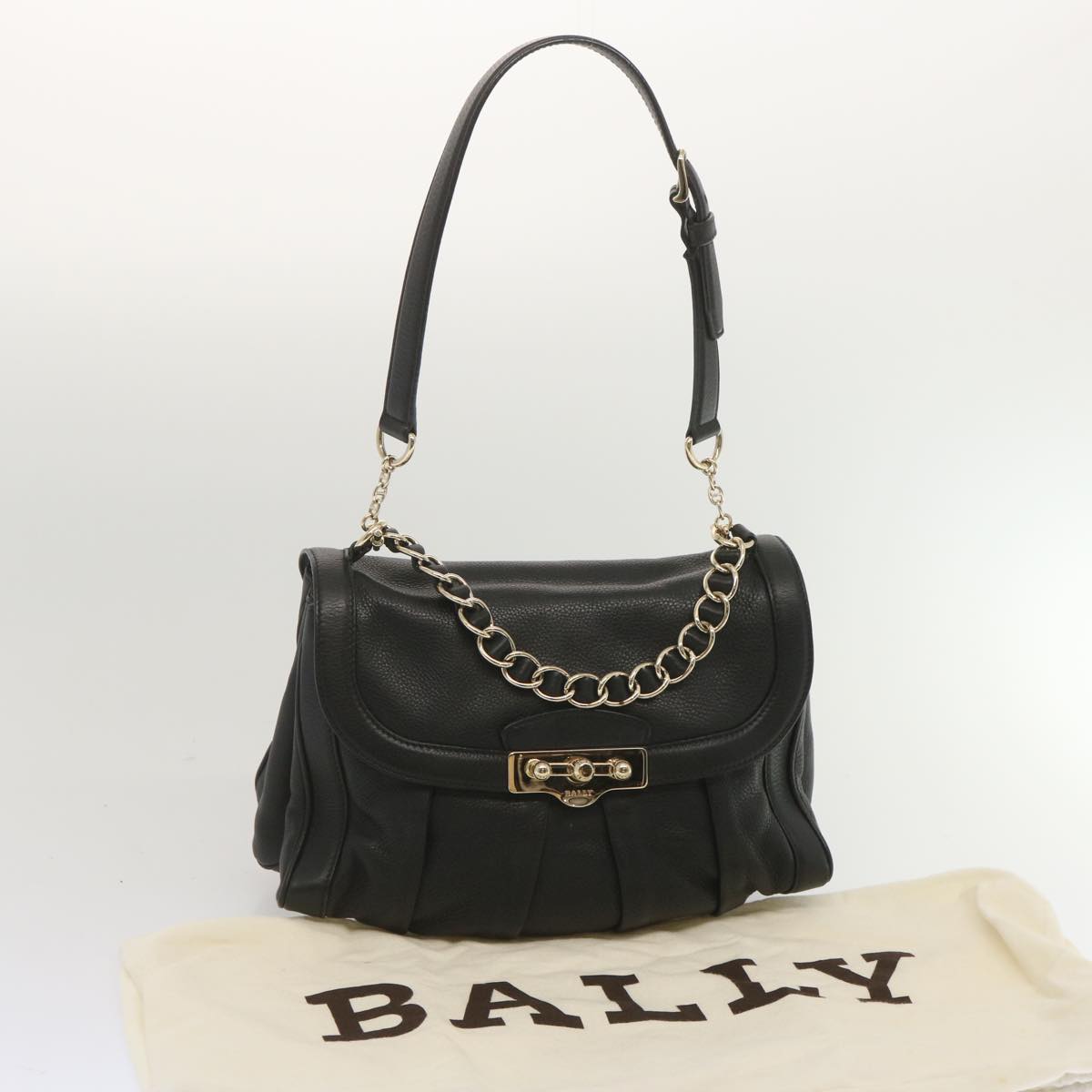 BALLY Chain Hand Bag Leather Black Auth yk11212