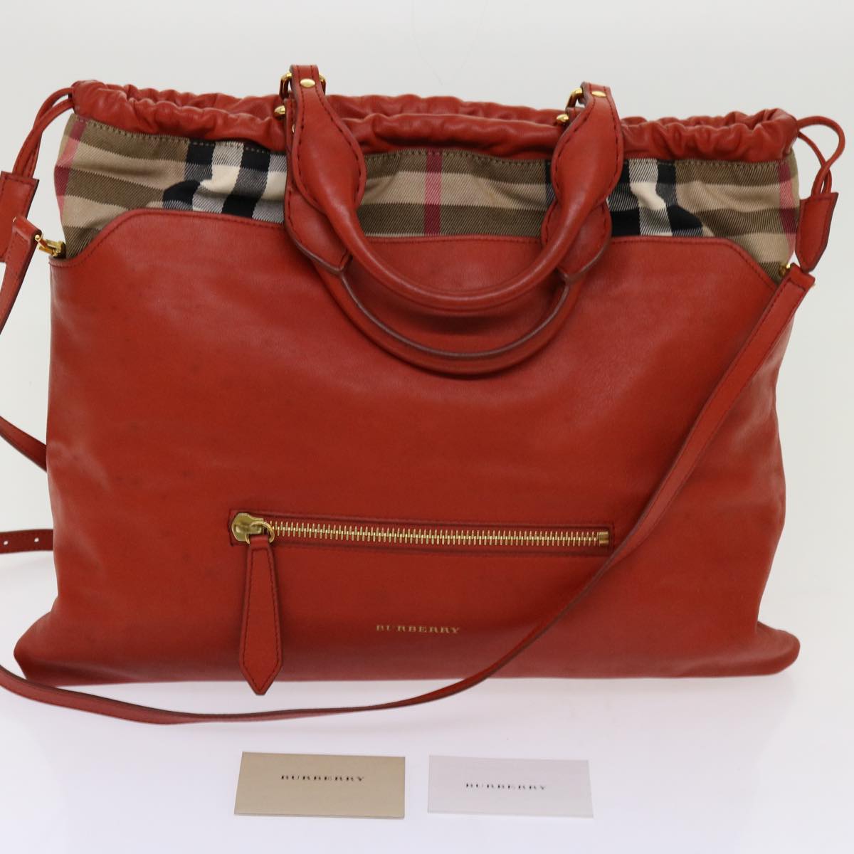 BURBERRY Nova Check Hand Bag Leather 2way Orange Auth yk11372