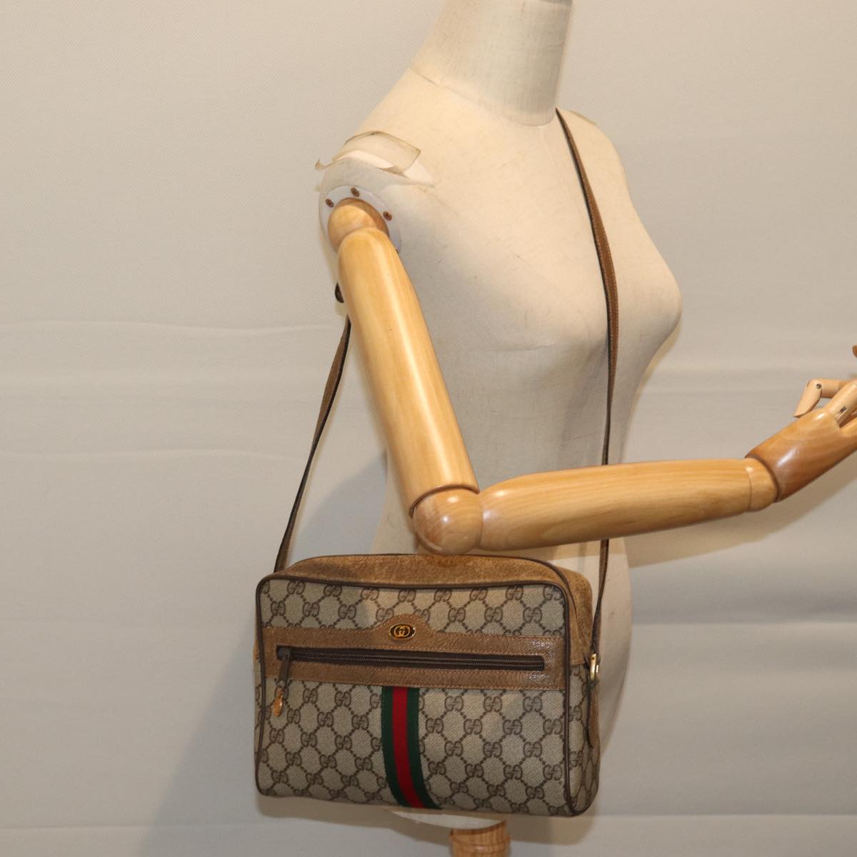 GUCCI GG Canvas Web Sherry Line Shoulder Bag PVC Beige Green Red Auth yk11376