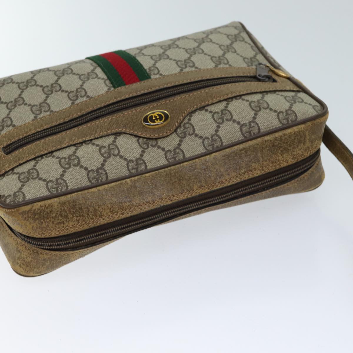 GUCCI GG Canvas Web Sherry Line Shoulder Bag PVC Beige Green Red Auth yk11376