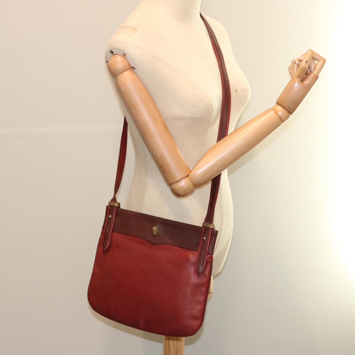 CARTIER Shoulder Bag Leather Red Auth yk11388