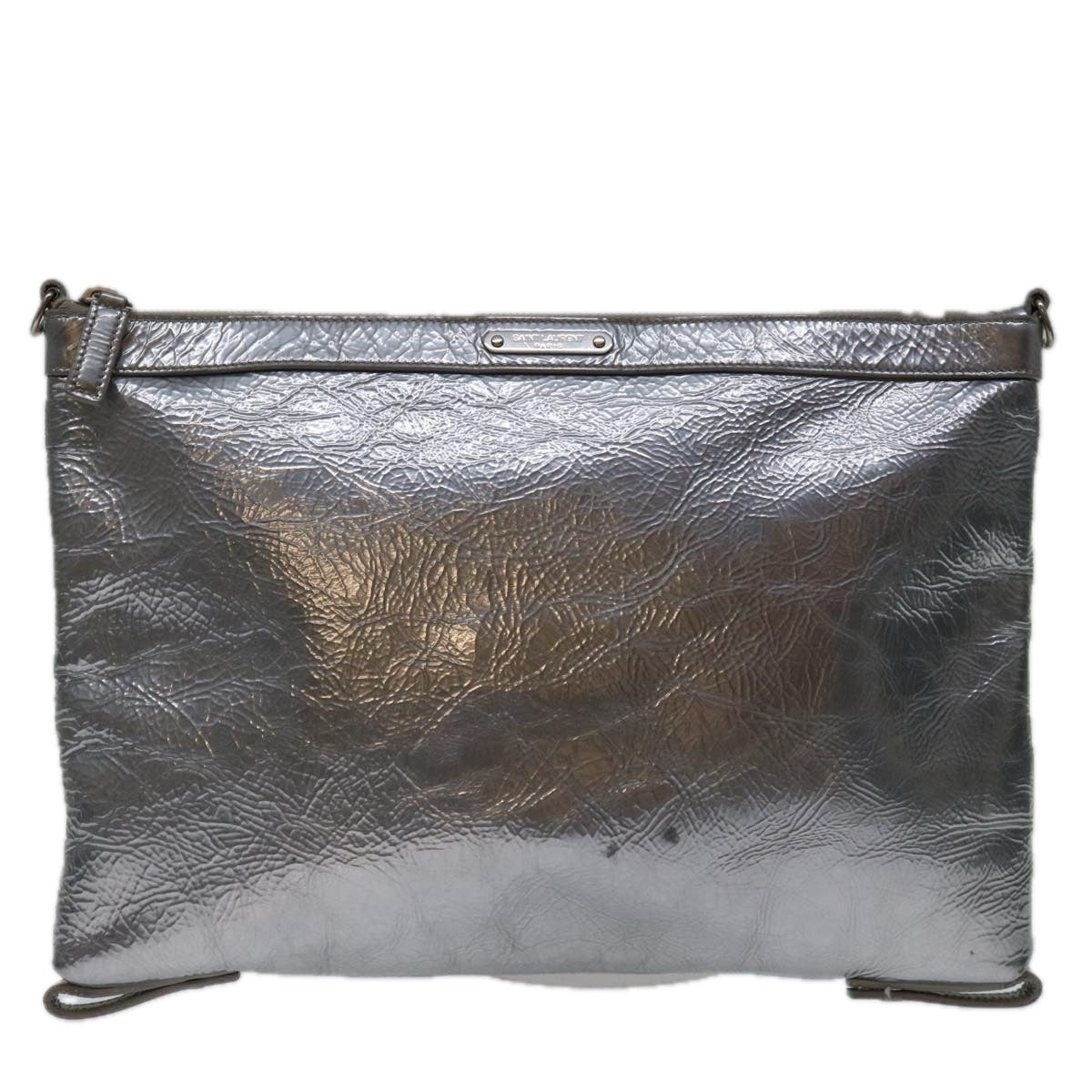 SAINT LAURENT Clutch Bag Leather Silver Auth yk11389