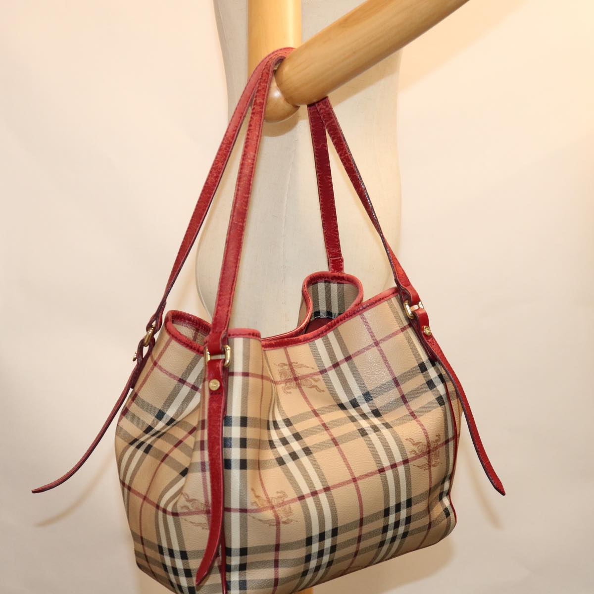 BURBERRY Nova Check Tote Bag PVC Beige Red Auth yk11393