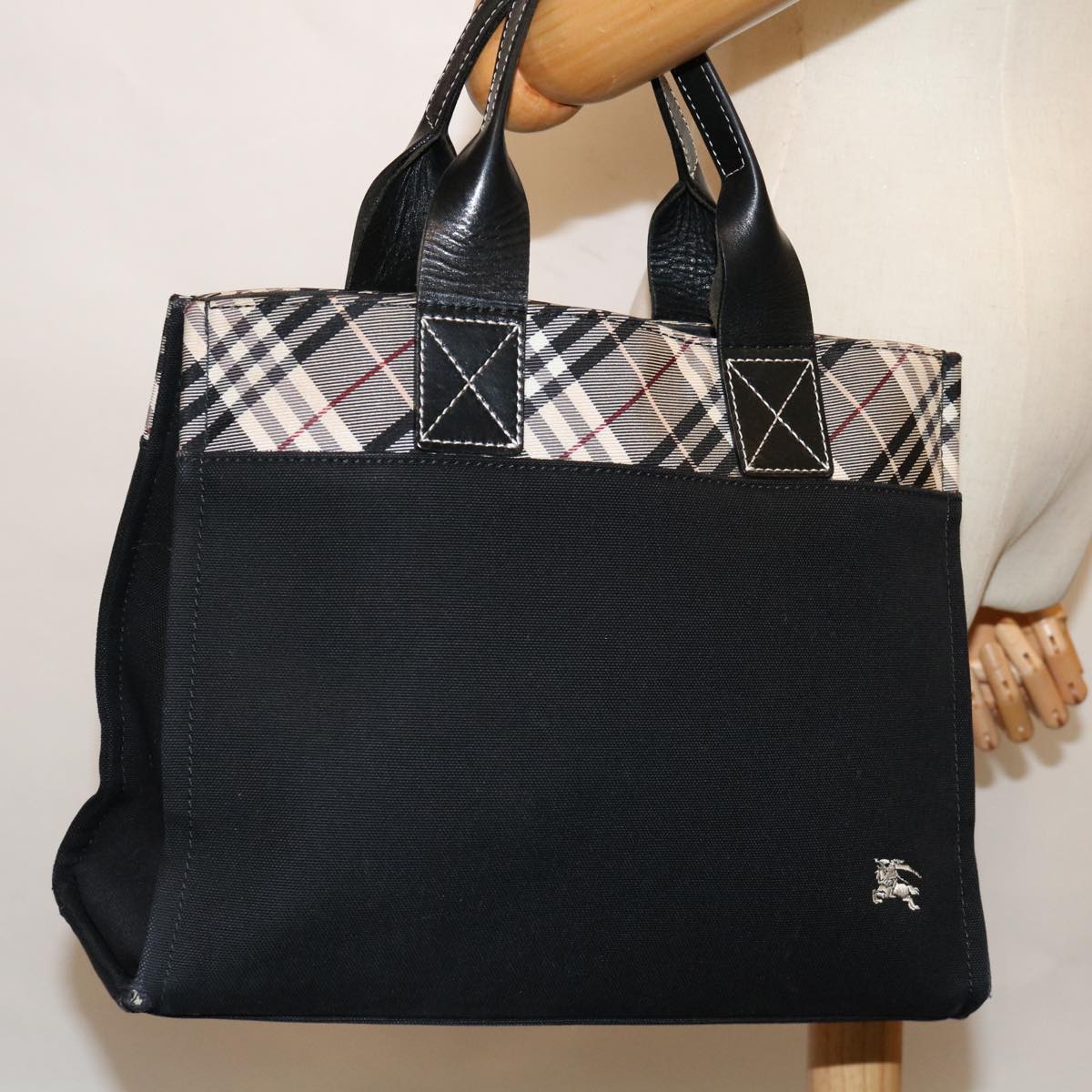 BURBERRY Nova Check Blue Label Hand Bag Canvas Black Beige Auth yk11396